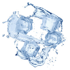 Wall Mural - Ice cubes and splashing water in air on white background