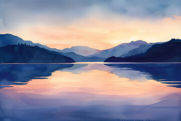 Wall Mural - Watercolor landscape of a serene lake at sunset with mountains


