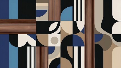 Wall Mural - Modern abstract background, wooden textures, geometric shapes in blue, black, gray and beige colors.