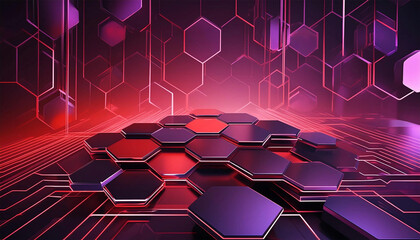 Black background with a red, abstract design of hexagonal shapes and lines, illustration.