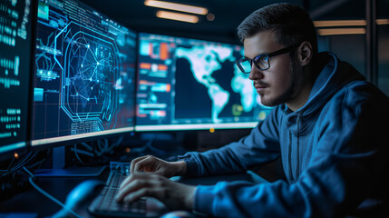 Poster - cyber security expert ethical hacker working on cyber security using futuristic augmented reality te