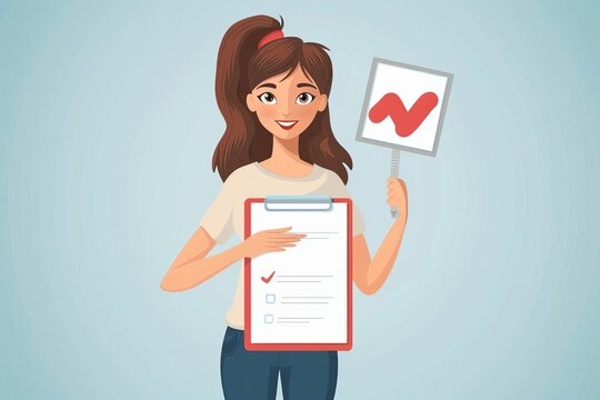 woman holding clipboard with check mark approval and completion symbol vector illustration