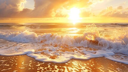 Wall Mural - Golden sunrise over ocean waves, bright sun rays hitting sea foam on sandy beach