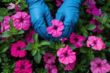 Sticker - Grace in the Garden: Blue Gloved Hands Tending Hot Pink Petunias This inspiring image shows a gardener's blue gloved hands delicately tending bright pink petunias