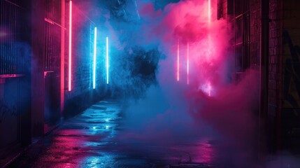 Abstract background, dark street with smoke and neon light, empty scene for product presentation , blue red pink colors