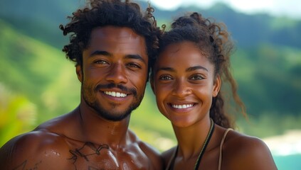 Poster - a man and a woman are posing for a picture on a beach