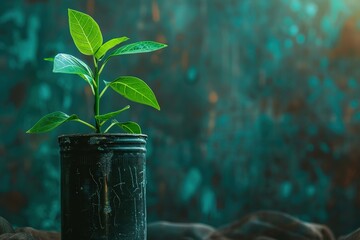 Poster - Green plant thriving in upcycled battery symbolizing sustainable energy