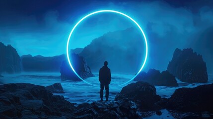 abstract background with blue neon light circle and silhouette of man in front of mountains on the sea, foggy night scene with glow halo over isolated rocky island, fantasy futuristic landscape