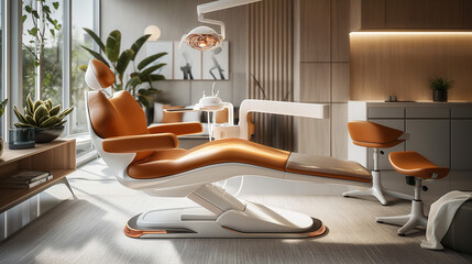 A modern dental chair with a sleek white frame and a comfortable orange leather seat sits in a stylishly decorated dental clinic