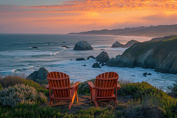Wall Mural - Welcoming Adirondack chairs overlooking stunning views of the Northern California coast as the sun sets and the waves crash on the jagged rocks below


