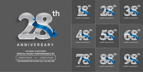 Wall Mural - anniversary logotype set vector, silver color and blue ribbon for special day celebration