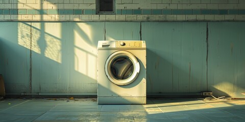 A vintage washing machine sits in a sunlit, abandoned laundry room, showcasing a snapshot from an era gone by, emphasizing wear and tear on the walls and floors