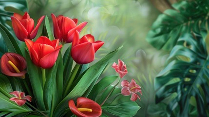 Wall Mural - red tulip a stunning bouquet of tropical flowers with exotic green leaves on natural ground backgrou