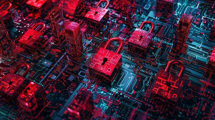 Wall Mural - A digital illustration of red padlocks arranged in an organized pattern on top of circuit boards, representing data security and cyber protection.
