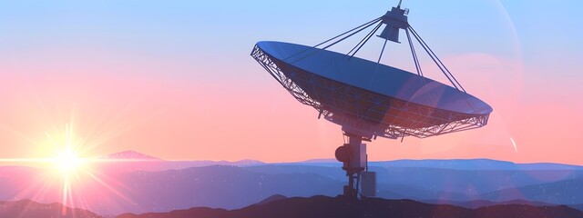 Poster - Satellite Dish Receiving Signals in Peaceful Mountainous Landscape at Sunset