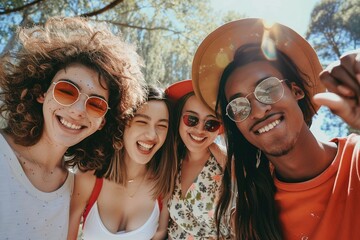 Poster - Group multiracial people having fun outdoors. Youth millennial generation and multiethnic young people