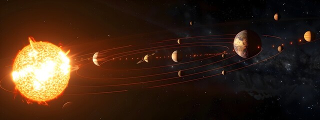 Poster - Planets Orbiting the Radiant Sun in Expansive Celestial Landscape