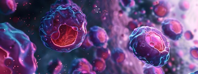 Poster - Vibrant Microscopic Visualization of Cell Division Process in Scientific Artwork