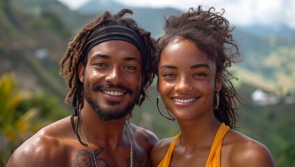 Poster - A happy couple smiling in the natural landscape, enjoying leisure time together