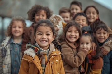 Sticker - Group of diverse cheerful fun happy multiethnic children outdoors at the schoolyard