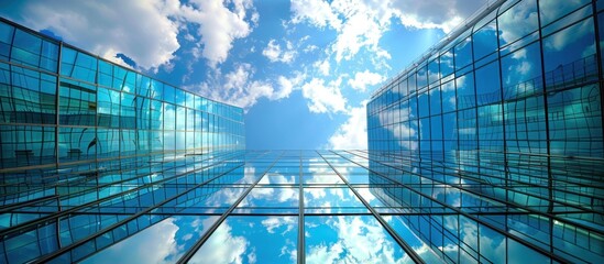 Wall Mural - The blue sky and white clouds are reflected in the glass buildings, creating an upward perspective with sunlight shining through.