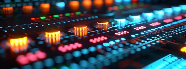 Detailed View of a Sleek and Sophisticated Digital Audio Mixing Console with Vibrant Lighting and