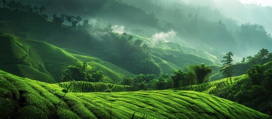 Wall Mural - aerial view of green hills, cinematic, beautiful, national geographic photography