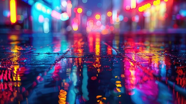 Abstract neon background with colorful lights and reflection on wet asphalt in a night city street.