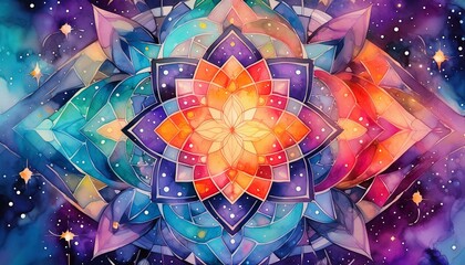 Wall Mural - Vibrant geometric art adorned with celestial stars and galaxies, painted in watercolor and digitally enhanced with a mandala-inspired design