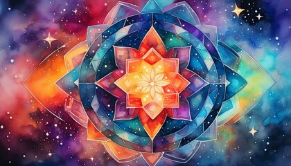 Wall Mural - Vibrant geometric art adorned with celestial stars and galaxies, painted in watercolor and digitally enhanced with a mandala-inspired design