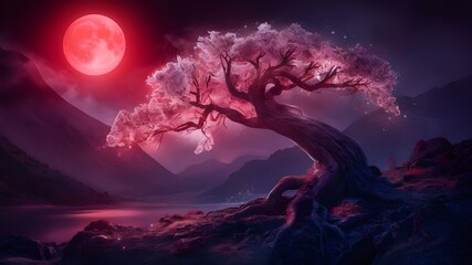 Wall Mural - landscape under a red radiant moonlight showing old tree