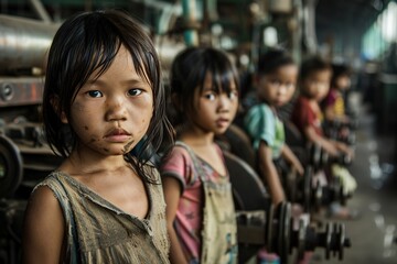 Sticker - Group portrait of young asian children forced into labor, working in a dirty factory, facing poverty and abuse, concept of child slavery