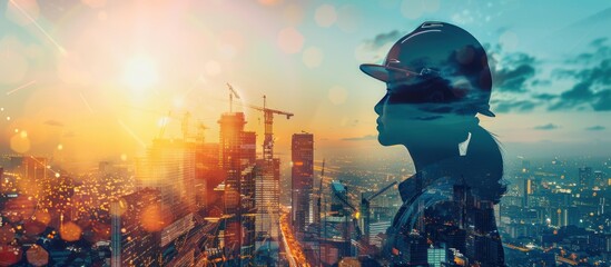 Wall Mural - Double exposure of construction worker and cityscape at sunset, engineering woman with helmet standing against skyline in silhouette double exposure