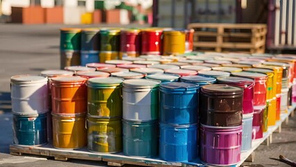 Wall Mural - An array of colorful paint cans stacked on a palette ready to be transported and used for final touches on a building.