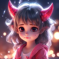 Wall Mural - cute girl in pink dress and red horns