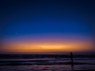 Poster - Silhouette of a person standing in the water on the beach at sunset