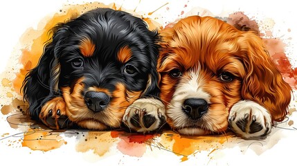 Wall Mural - Two cute puppies, one black and one brown, lying down next to each other with a watercolor background in warm colors.