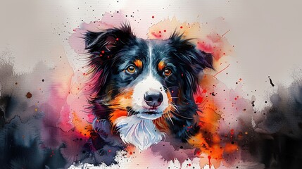 Wall Mural - Watercolor painting of a cute dog. The dog has black, brown, and white fur. The background is white with colorful paint splatters.