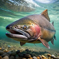 Wall Mural - Close-Up of a Chinook Salmon Swimming in a River. Generative AI