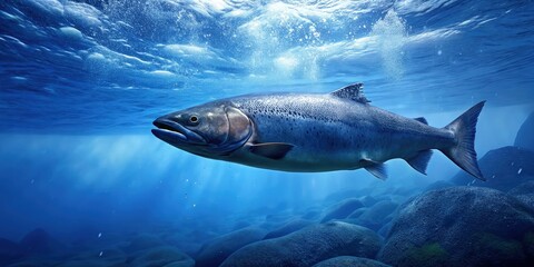 Wall Mural - A Single Salmon Swimming in Cold, Clear Water. Generative AI