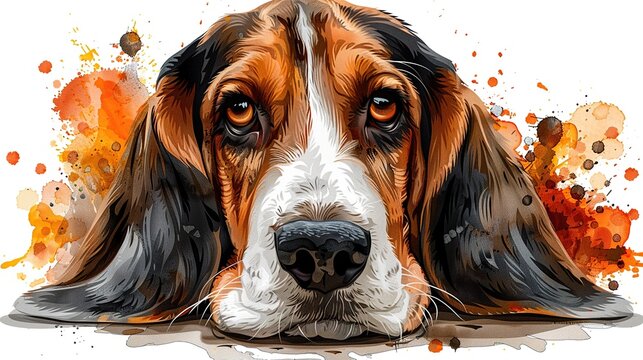 Pensive pooch: A watercolor portrait of a hound dog with a contemplative expression.
