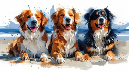 Wall Mural - Three happy dogs of different breeds lie on the beach against the backdrop of the sea.