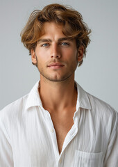 A young man with wavy brown hair is wearing a white button-down shirt. He is posing against a grey background, looking directly at the camera