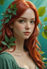 Poster - Portrait of a beautiful young woman with red hair and green leaves