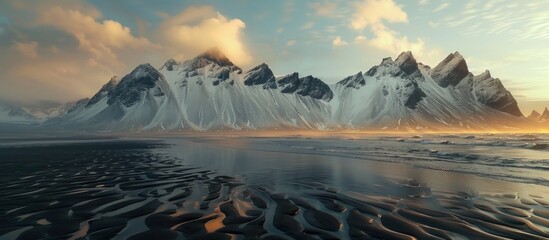 cinematic photo of mountains in iceland, beach, sand and water, snow on the mountain peaks, beautiful clouds, sunset, highly detailed, hyper realistic, cinematic