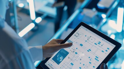Poster - Close-up of a network diagram on a tablet screen held by an engineer, bright and clear visual style. 