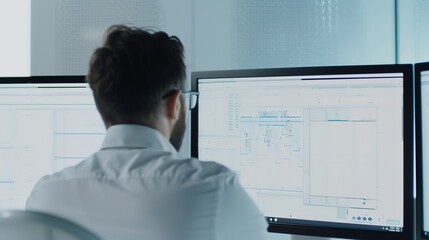 Poster - Software engineer reviewing complex algorithm on dual monitors, close-up, minimalistic white theme. 