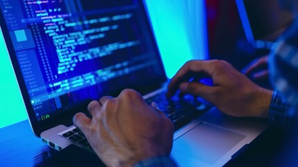 Poster - UI developer coding on a laptop, close-up on hands and screen, dark theme with blue backlight. 