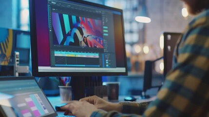 Poster - Designer adjusting a color palette on a design software, close-up, monitor showing vibrant UI choices. 