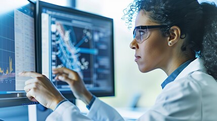 Poster - Scientist scrolling through big data sets on a vertical monitor, close-up, focused expression, clinical precision. 